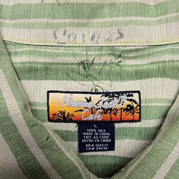 Havana Jack's Cafe Mens Large Green Striped Silk Shirt Tropical Casual Button Up - Picture 6 of 10